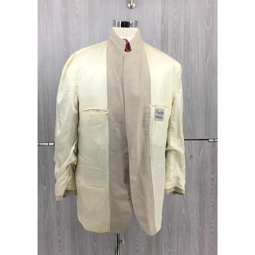 John Weitz Mens Beige Hopsack Blazer Gold Crest Buttons Sport Coat Tan